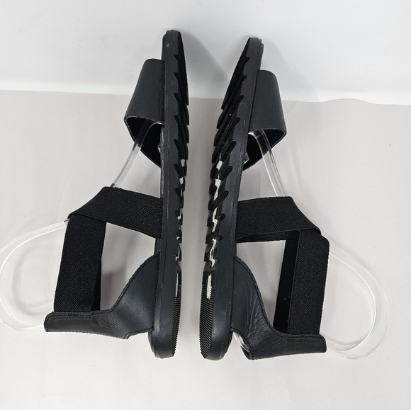 Sorel Sandels Womens Sz 7 Ella II Black Leather Flat Elastic Gore Ankle Strap - Picture 6 of 11